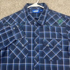 Vans Shirt Men Medium Blue Plaid Western Pearl Snap Button Up Casual Short Sleee
